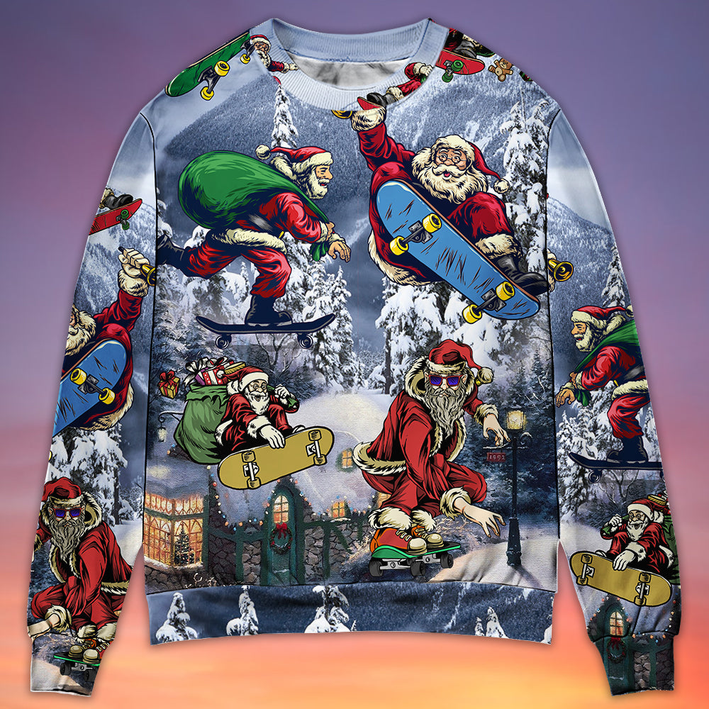 Christmas Santa Claus Skateboarding Snow Mountain Gift Light Art Style - Sweater - Ugly Christmas Sweaters - Owls Matrix LTD