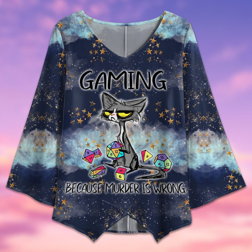Black Cat Gaming Because Murder Is Wrong - V-neck T-shirt - Owls Matrix LTD