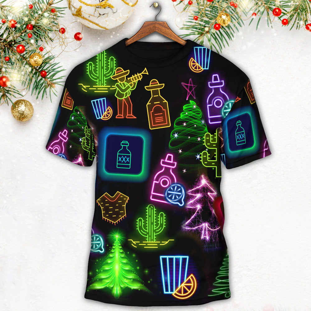 Wine Tequila Christmas Neon Art Drinking - Round Neck T-shirt - Owls Matrix LTD