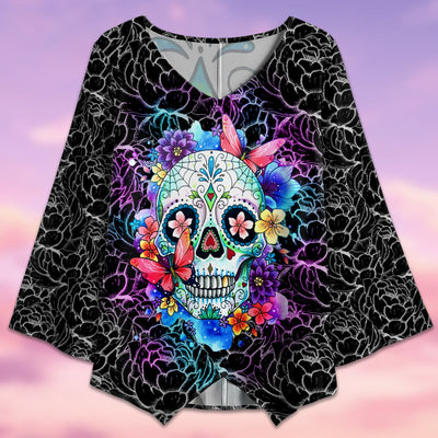 Sugar Skull Flower Pattern - V-neck T-shirt - Owls Matrix LTD