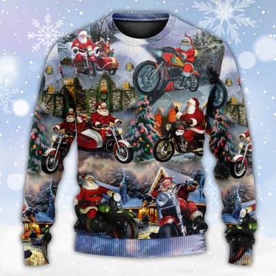 Christmas Santa Claus Driving Motorcycle Bike Gift Light Art Style - Sweater - Ugly Christmas Sweaters - Owls Matrix LTD