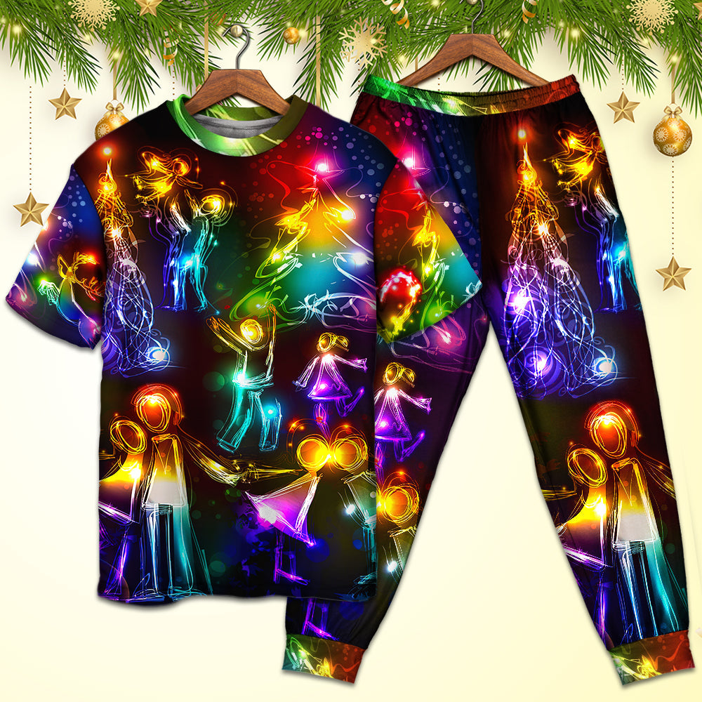 Christmas Family Happy Love Tree Neon Light Style - Pajamas Short Sleeve - Owls Matrix LTD