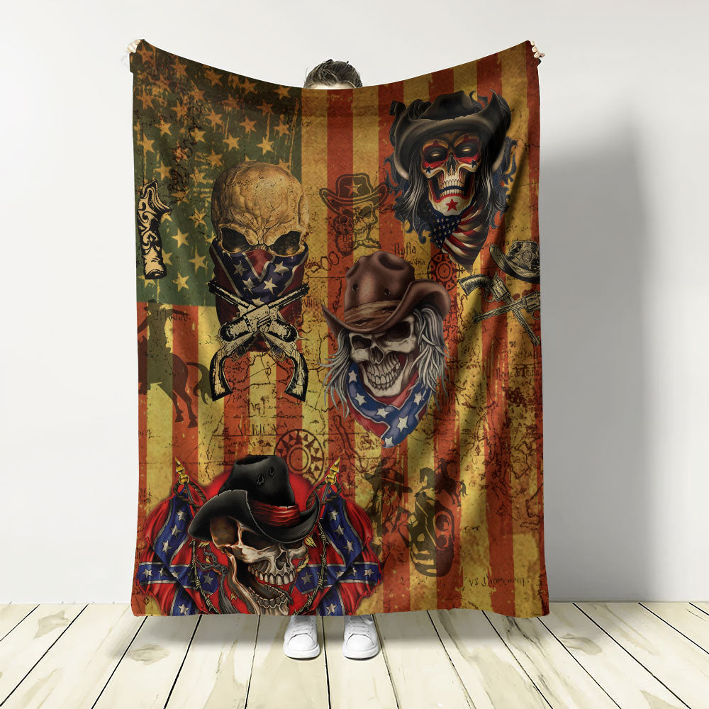 Skull Cowboy America Retro - Flannel Blanket - Owls Matrix LTD