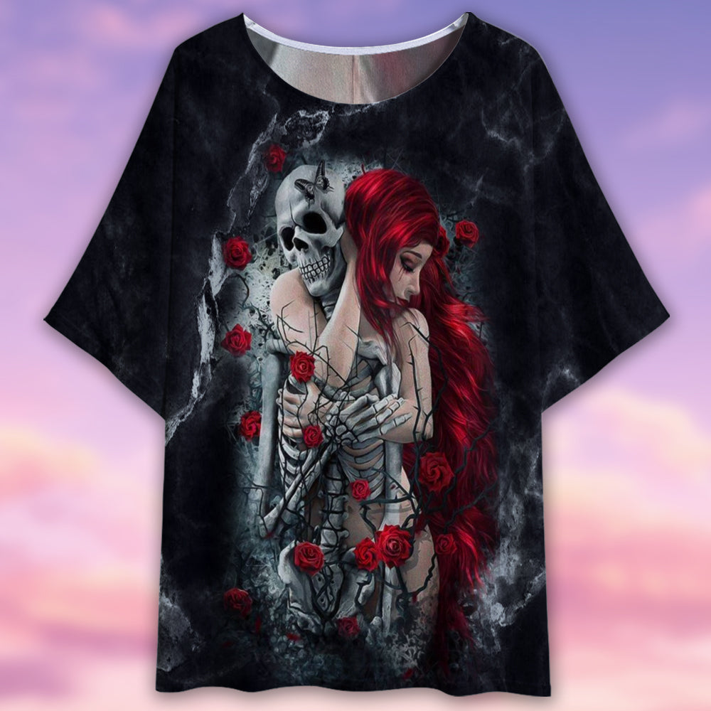 Skull Couple Love Rose Style - Women's T-shirt With Bat Sleeve - Owls Matrix LTD