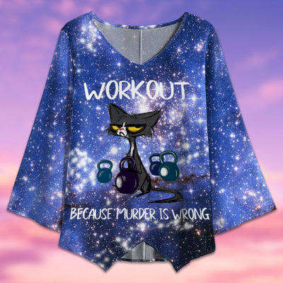Black Cat Workout Because Murder Is Wrong - V-neck T-shirt - Owls Matrix LTD