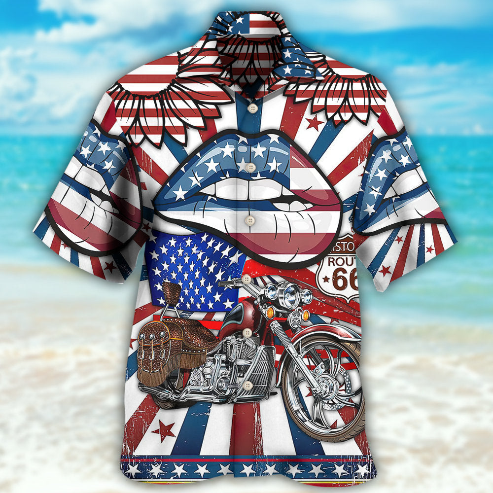 America Patriotic Motorcycle Sexy Lips - Hawaiian Shirt - Owls Matrix LTD