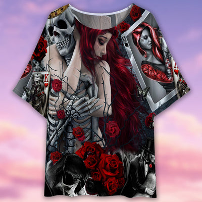 Skull Love Is Life Rose - Women's T-shirt With Bat Sleeve - Owls Matrix LTD
