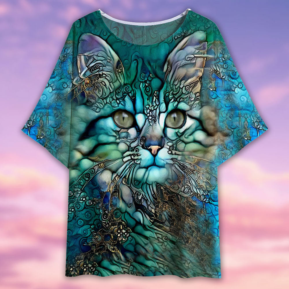 Cat Glass Art Style - Women's T-shirt With Bat Sleeve - Owls Matrix LTD