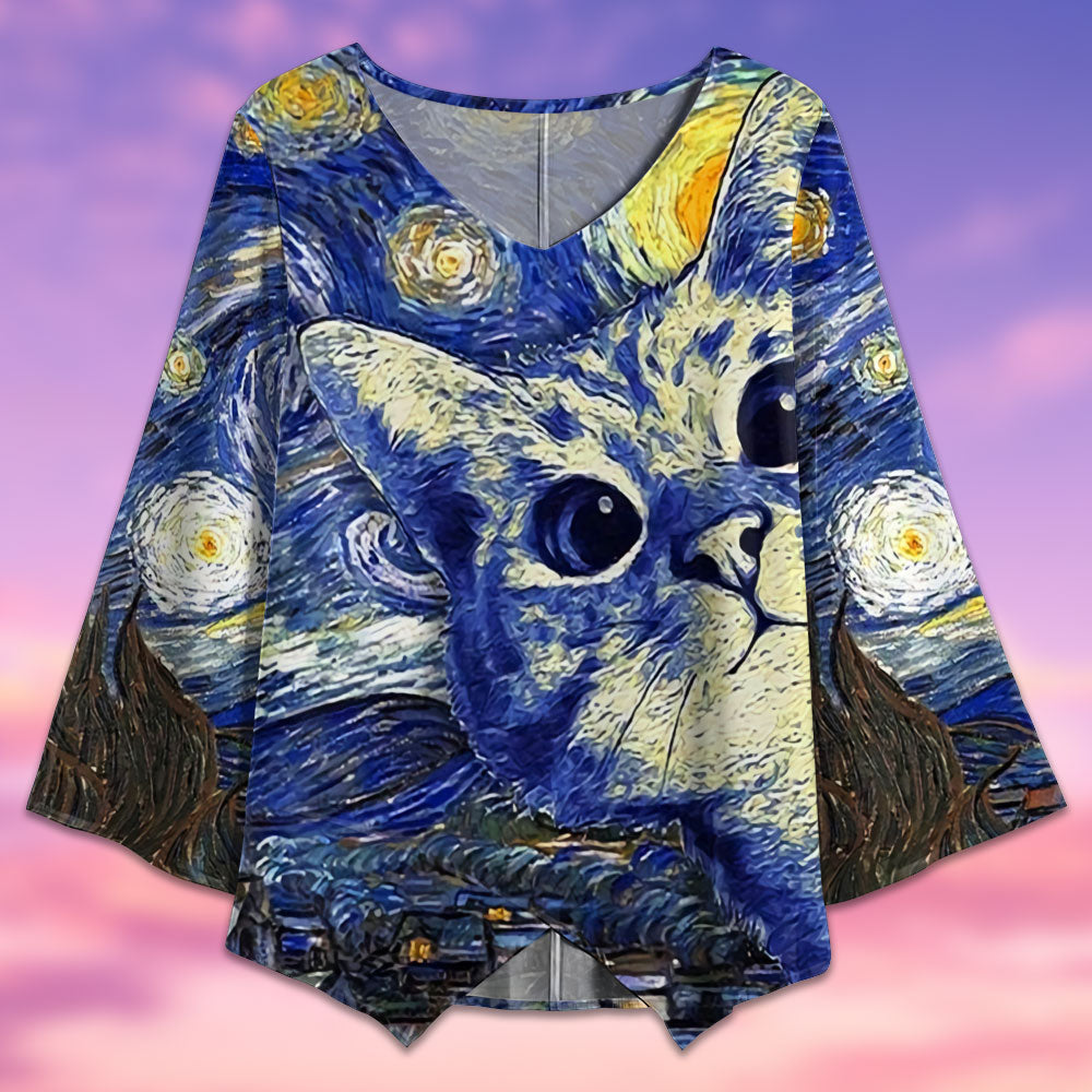 Cat Starry Night Art Style - V-neck T-shirt - Owls Matrix LTD