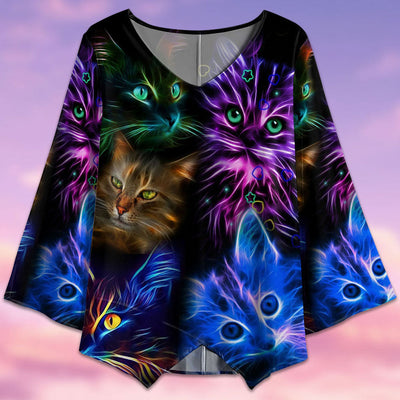 Cat Neon Cats Style - V-neck T-shirt - Owls Matrix LTD