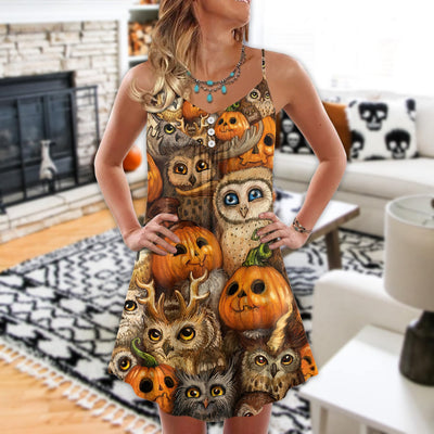 Halloween Owl Pumpkin Pattern - V-neck Sleeveless Cami Dress - Owls Matrix LTD