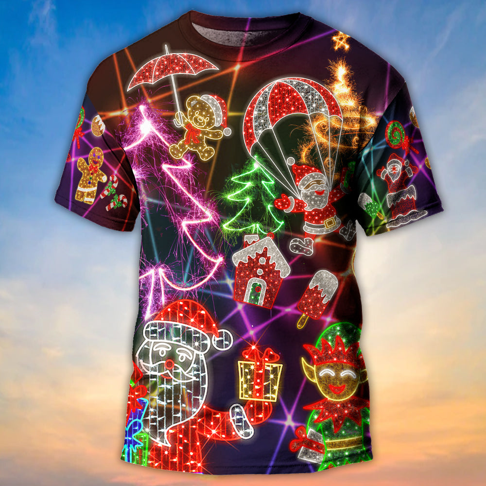 Christmas Funny Santa Claus Tree Elf Gingerbread Neon Light Style - Round Neck T-shirt - Owls Matrix LTD