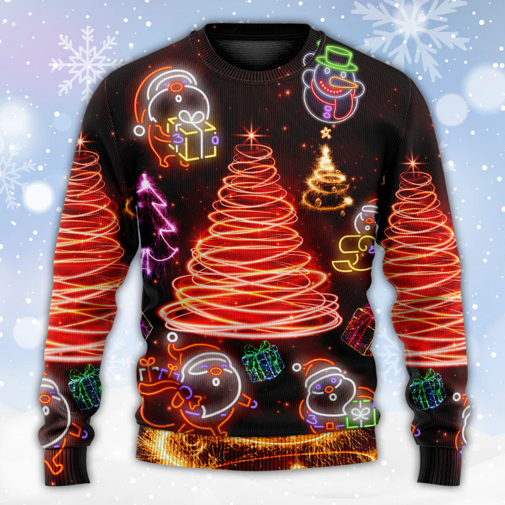 Christmas Funny Santa Claus Tree Red Neon Light Style - Sweater - Ugly Christmas Sweaters - Owls Matrix LTD
