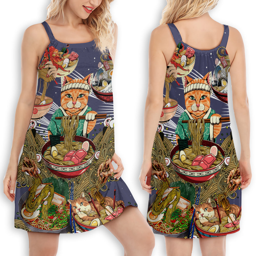 Cat Eating Ramen Lovely - Women's Sleeveless Cami Dress - Owls Matrix LTD