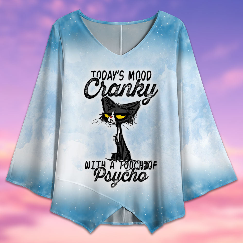Black Cat Today's Mood Cranky - V-neck T-shirt - Owls Matrix LTD