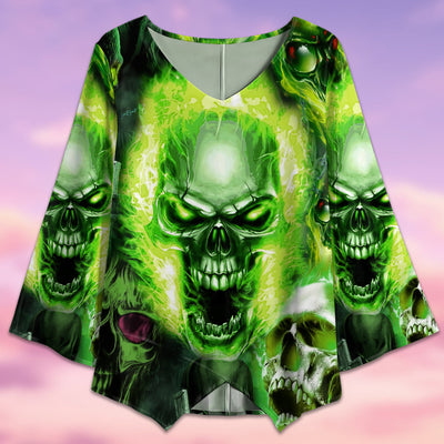 Skull Green Fear No Man - V-neck T-shirt - Owls Matrix LTD