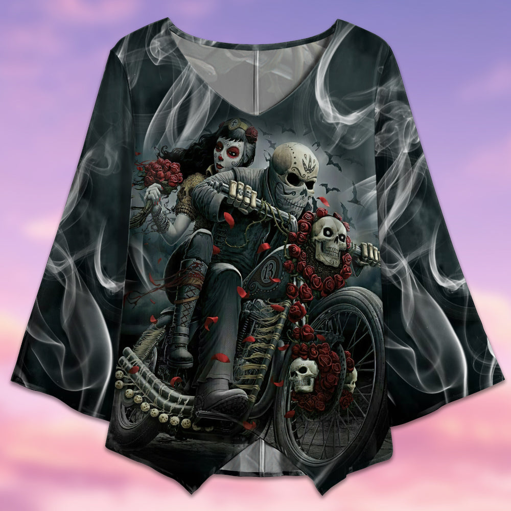 Sugar Skull Ride Couple Dark Smoke - V-neck T-shirt - Owls Matrix LTD