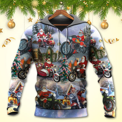 Christmas Santa Claus Driving Motorcycle Bike Gift Light Art Style - Hoodie - Owls Matrix LTD