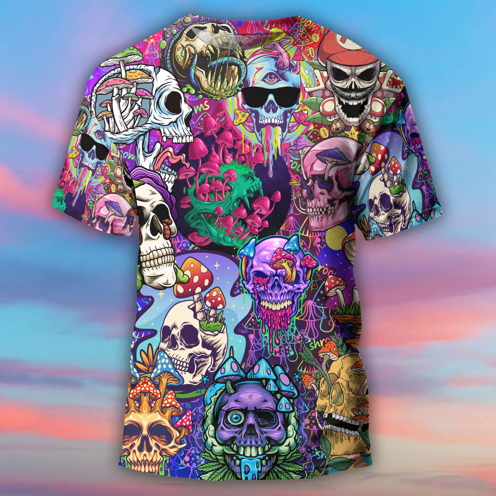 Hippie Mushroom And Skull Colorful Art - Round Neck T-shirt - Owls Matrix LTD