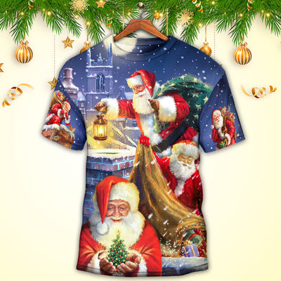 Christmas Funny Santa Claus Up On Rooftop Art Style - Round Neck T-shirt - Owls Matrix LTD