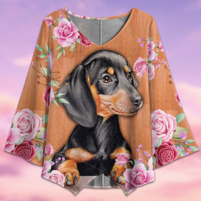 Dachshund Baby Flower Style - V-neck T-shirt - Owls Matrix LTD