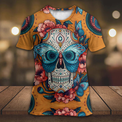 Skull And Butterfly Abstract Vintage Colorful - Round Neck T-shirt - Owls Matrix LTD