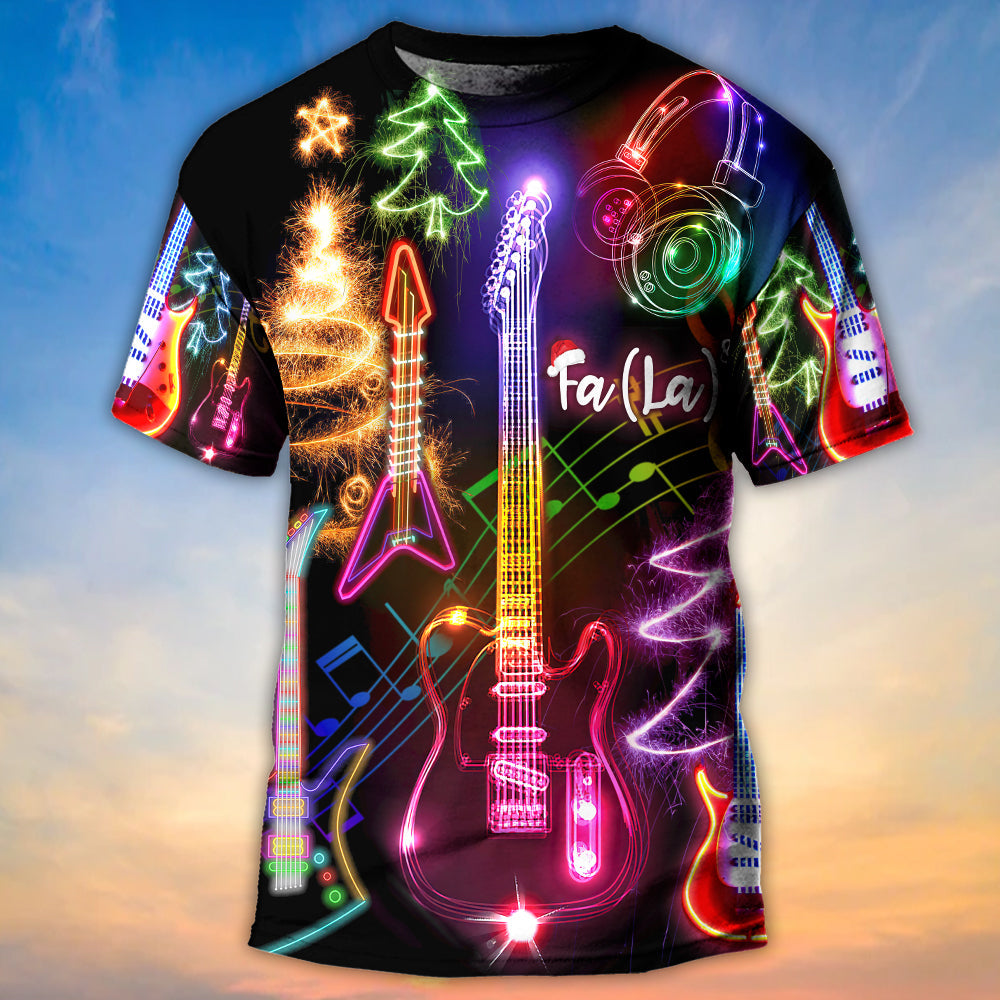 Christmas Guitar Tree Happy Glow Light Style - Round Neck T-shirt - Owls Matrix LTD