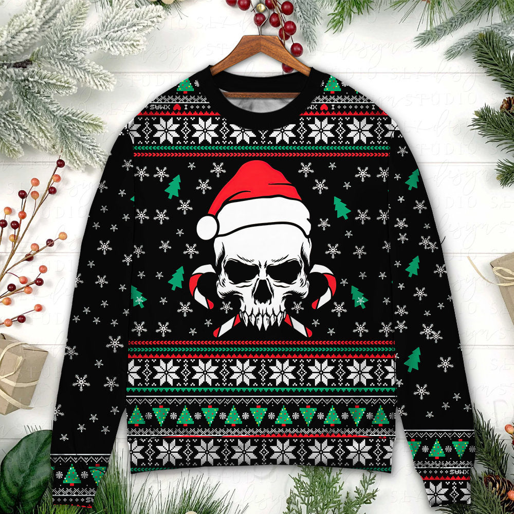 Christmas Skull Wearing Santa Claus Hat And Sweat Candy - Sweater - Ugly Christmas Sweaters - Owls Matrix LTD