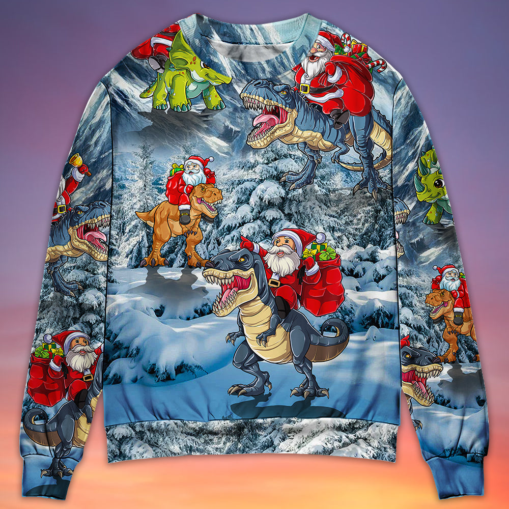 Christmas Santa Claus Riding Dinosaur Christmas Tree Gift Light Art Style - Sweater - Ugly Christmas Sweaters - Owls Matrix LTD