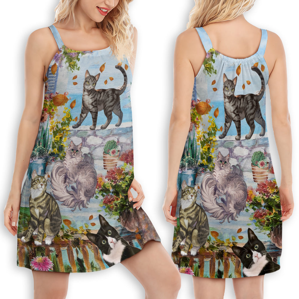 Cat Loves Home And Loves Summer - Women's Sleeveless Cami Dress - Owls Matrix LTD