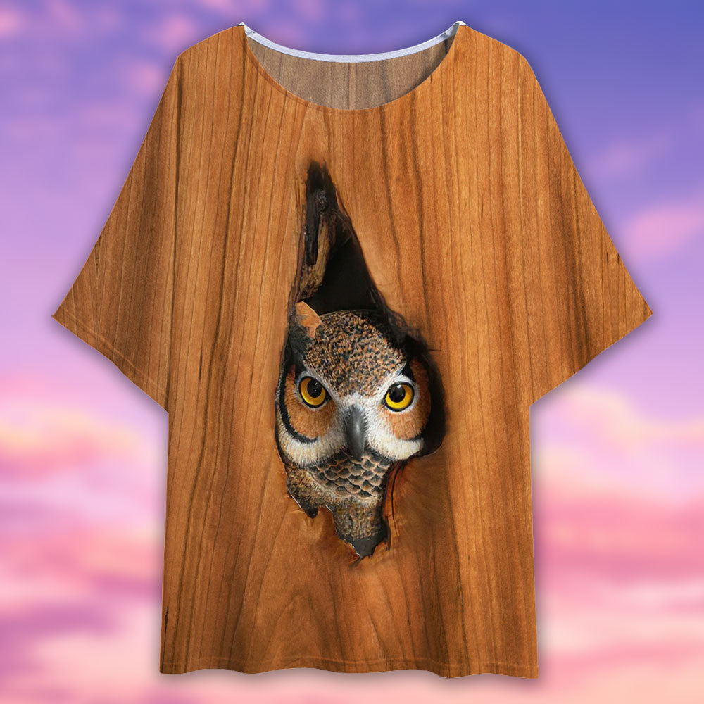 Owl Wooden Vintage Art - Women's T-shirt With Bat Sleeve - Owls Matrix LTD