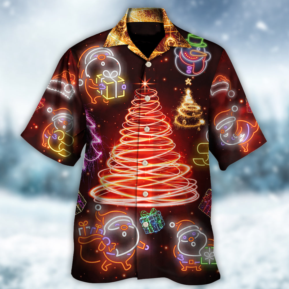 Christmas Funny Santa Claus Tree Red Neon Light Style - Hawaiian Shirt - Owls Matrix LTD