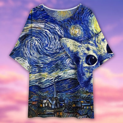 Cat Starry Night Art - Women's T-shirt With Bat Sleeve - Owls Matrix LTD