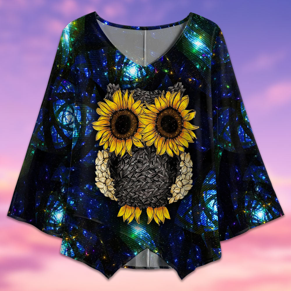 Owl Sunflowers Night Art - V-neck T-shirt - Owls Matrix LTD