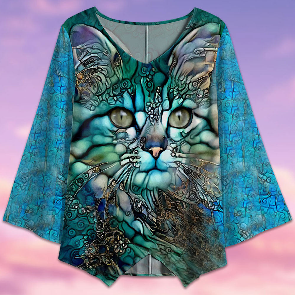 Cat Glass Art Style - V-neck T-shirt - Owls Matrix LTD