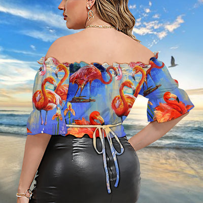Flamingo Fly To Hawaii - Cropped Top With Short Puff Sleeve