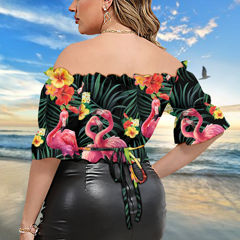 Flamingo Couple Love Flowers - Cropped Top With Short Puff Sleeve