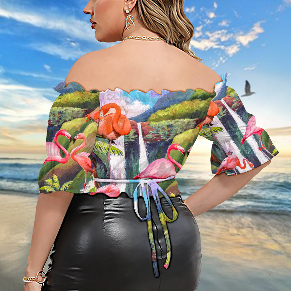 Flamingo Beautiful Landscape - Cropped Top With Short Puff Sleeve