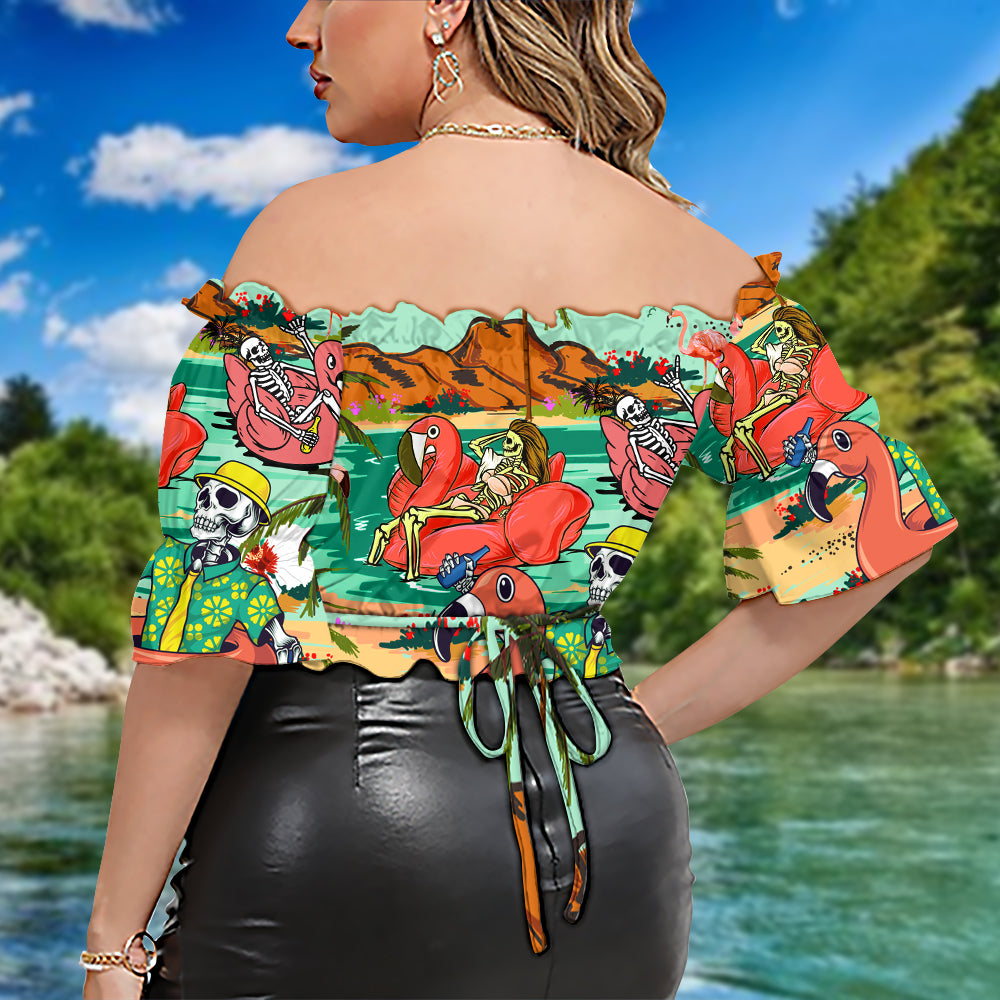 Flamingo Mountain Skull In Hawaii - Cropped Top With Short Puff Sleeve