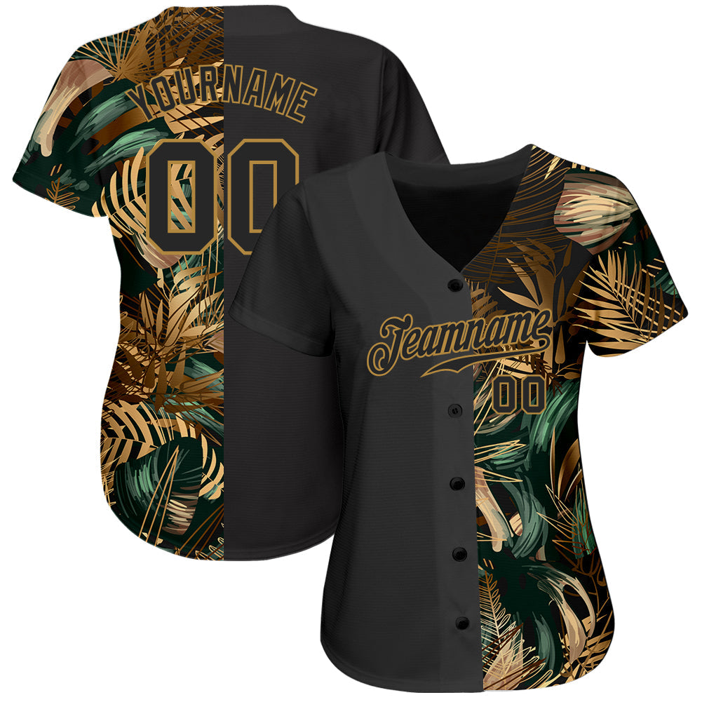 Custom 3D Pattern Design Golden And Green Tropical Leaves In The Style Of Jungalow And Hawaii Authentic Baseball Jersey - Owls Matrix LTD