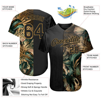Custom 3D Pattern Design Golden And Green Tropical Leaves In The Style Of Jungalow And Hawaii Authentic Baseball Jersey - Owls Matrix LTD