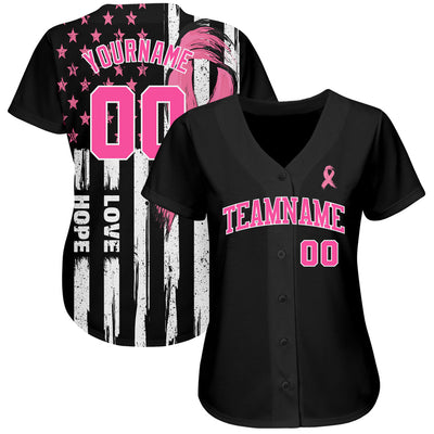 Custom 3D American Flag With Pink Ribbon Breast Cancer Awareness Month Women Health Care Support Authentic Baseball Jersey - Owls Matrix LTD