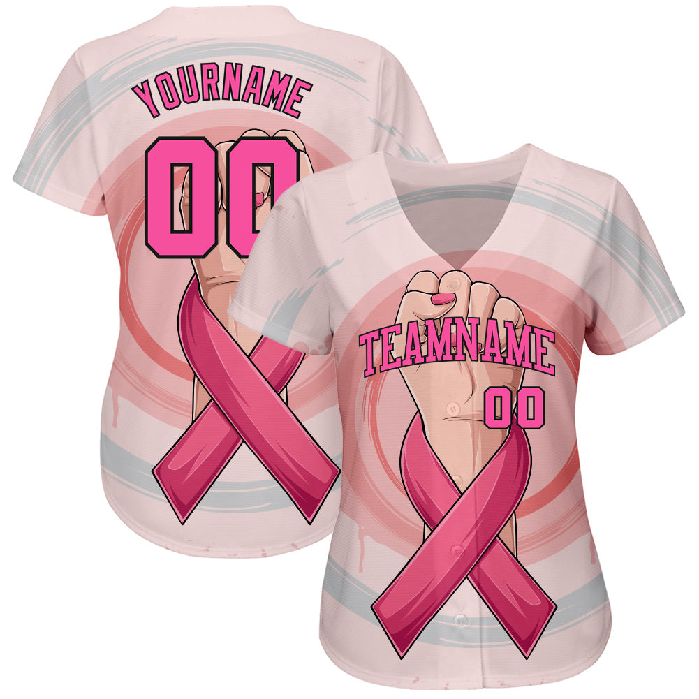 Custom 3D Breast Cancer Awareness Month With Woman Hand And Pink Ribbon Women Health Care Support Authentic Baseball Jersey - Owls Matrix LTD