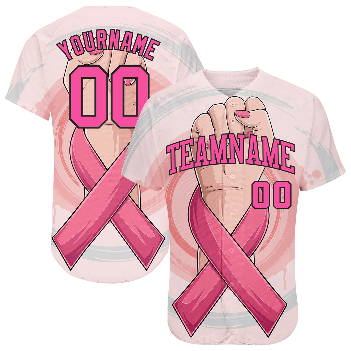 Custom 3D Breast Cancer Awareness Month With Woman Hand And Pink Ribbon Women Health Care Support Authentic Baseball Jersey - Owls Matrix LTD