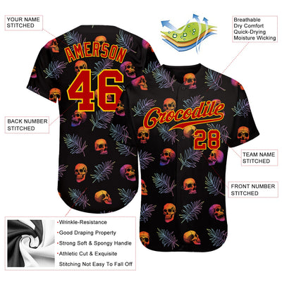 Custom 3D Pattern Halloween Skulls And Palm Leaves Authentic Baseball Jersey - Owls Matrix LTD