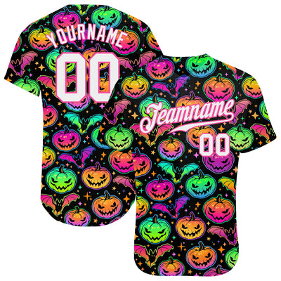 Custom 3D Pattern Bright Multicolored Halloween Pumpkins And Bats Authentic Baseball Jersey - Owls Matrix LTD