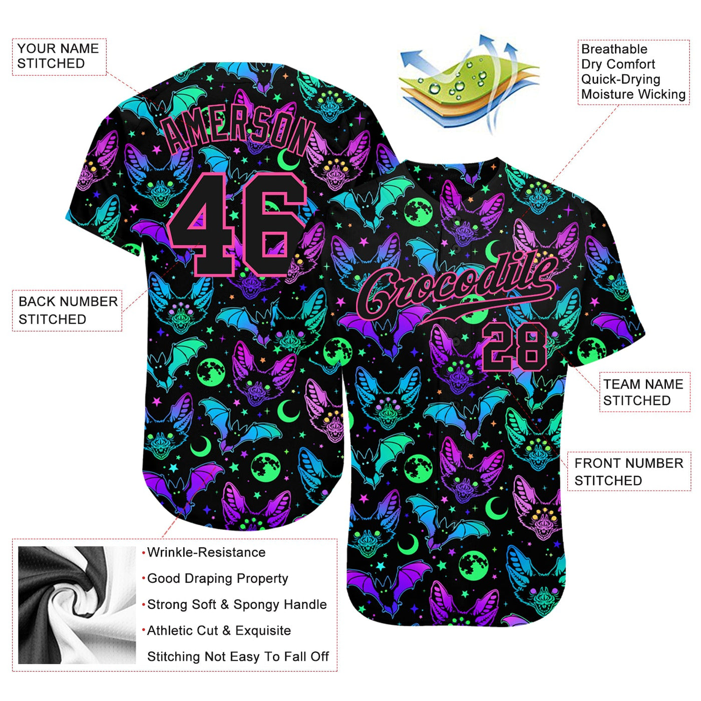 Custom 3D Pattern Bright Multicolored Halloween Bats Authentic Baseball Jersey - Owls Matrix LTD