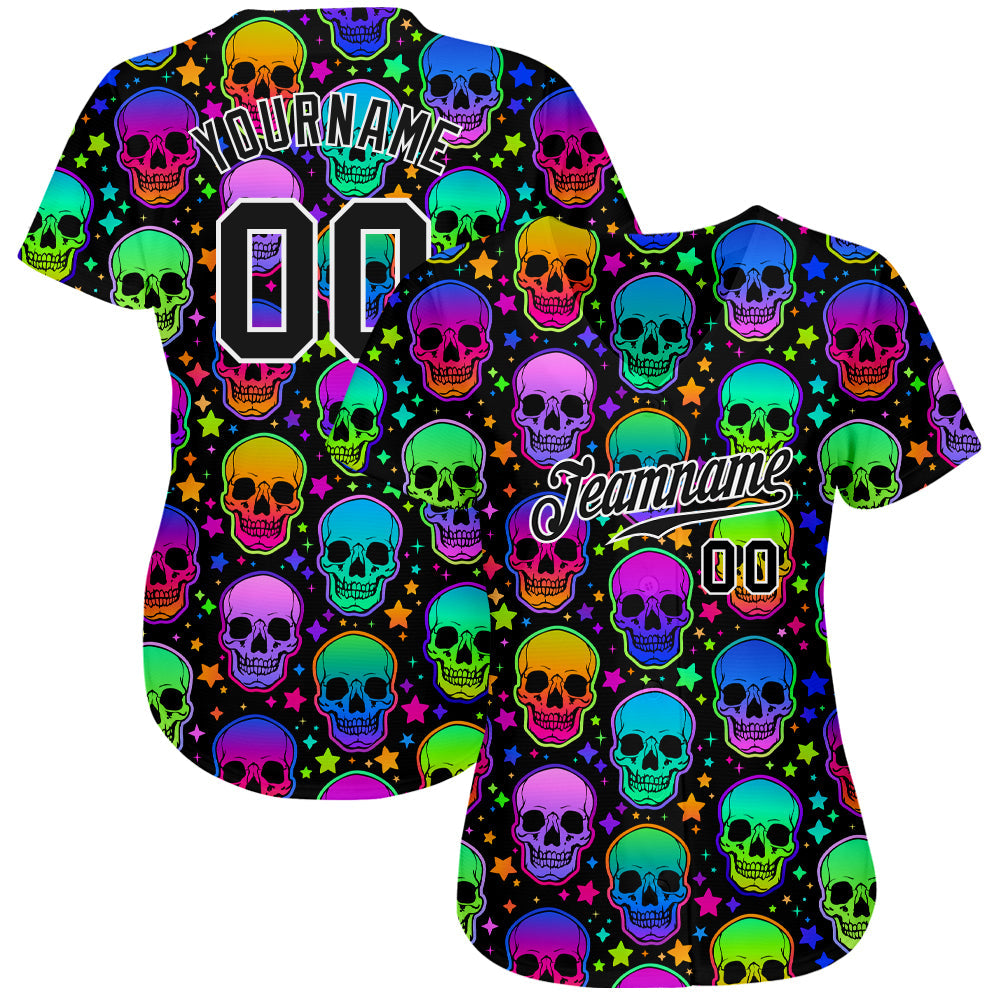 Custom 3D Pattern Bright Multicolored Halloween Skulls Authentic Baseball Jersey - Owls Matrix LTD