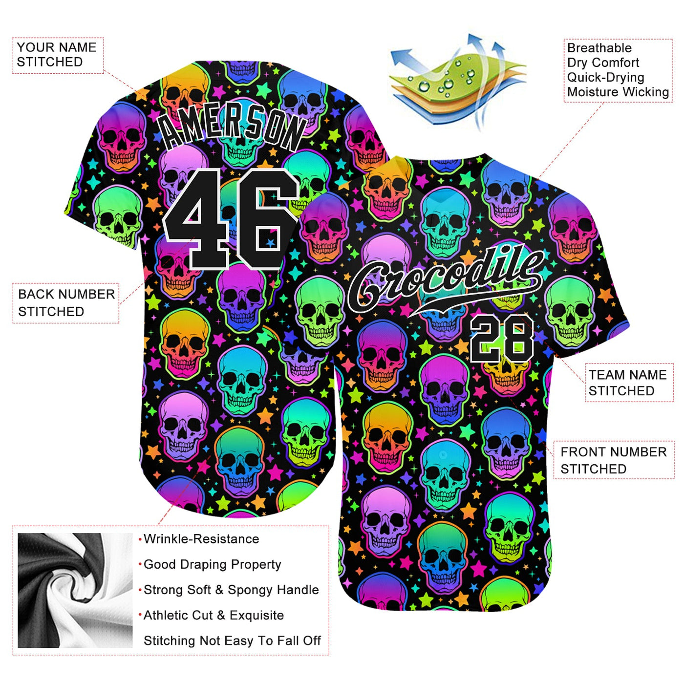 Custom 3D Pattern Bright Multicolored Halloween Skulls Authentic Baseball Jersey - Owls Matrix LTD