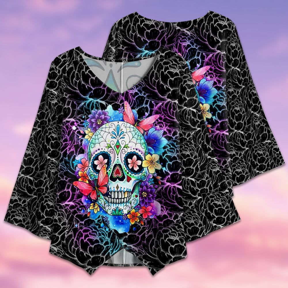 Sugar Skull Flower Pattern - V-neck T-shirt - Owls Matrix LTD